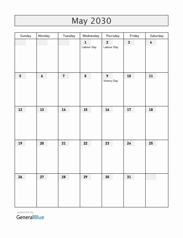 Serbia May 2030 Calendar with Holidays