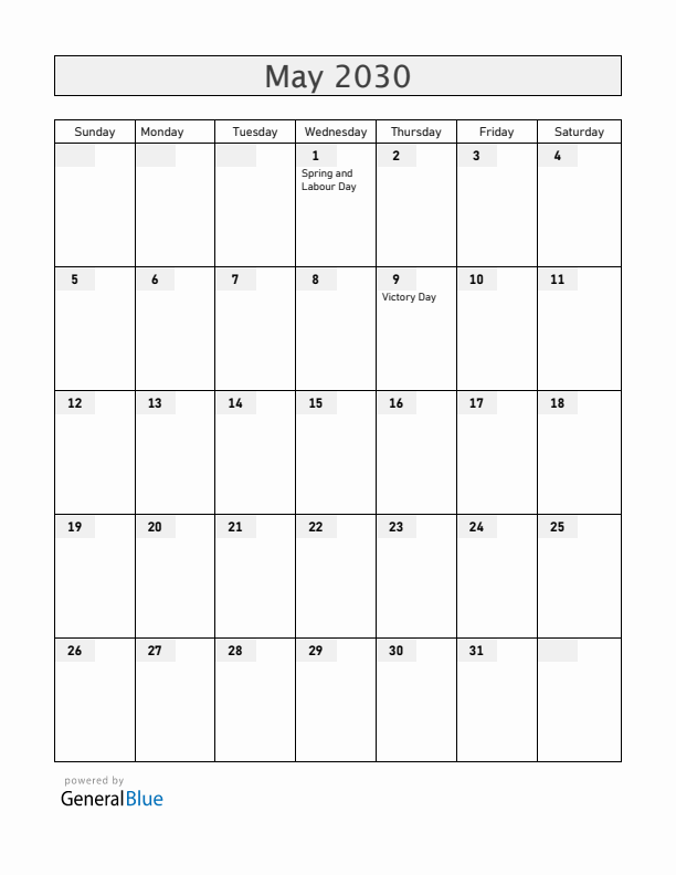 Russia May 2030 Calendar with Holidays