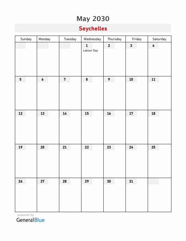 Seychelles May 2030 Calendar with Holidays