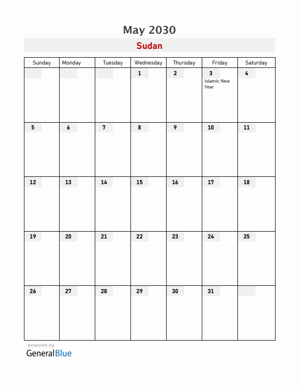 Sudan May 2030 Calendar with Holidays