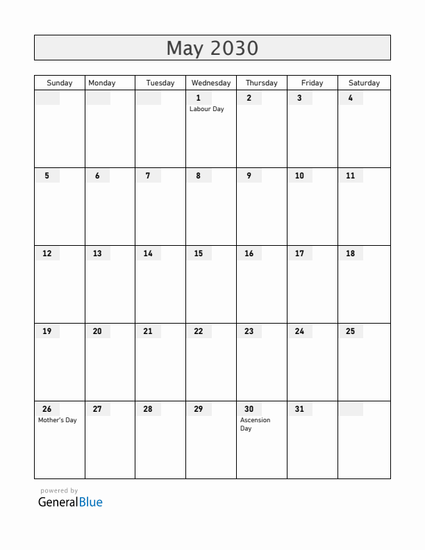Sweden May 2030 Calendar with Holidays