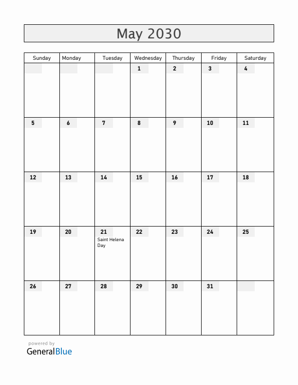 Saint Helena May 2030 Calendar with Holidays
