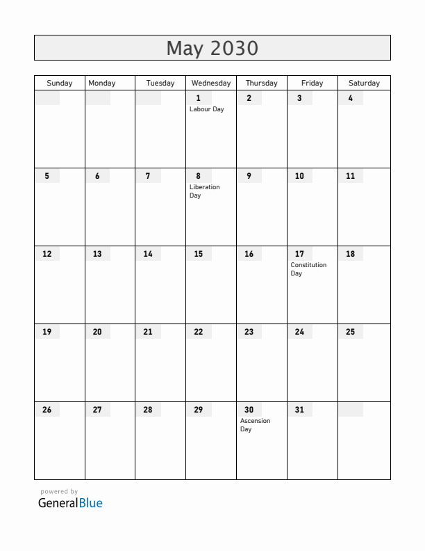 Svalbard and Jan Mayen May 2030 Calendar with Holidays