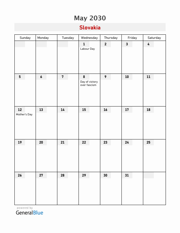 Slovakia May 2030 Calendar with Holidays