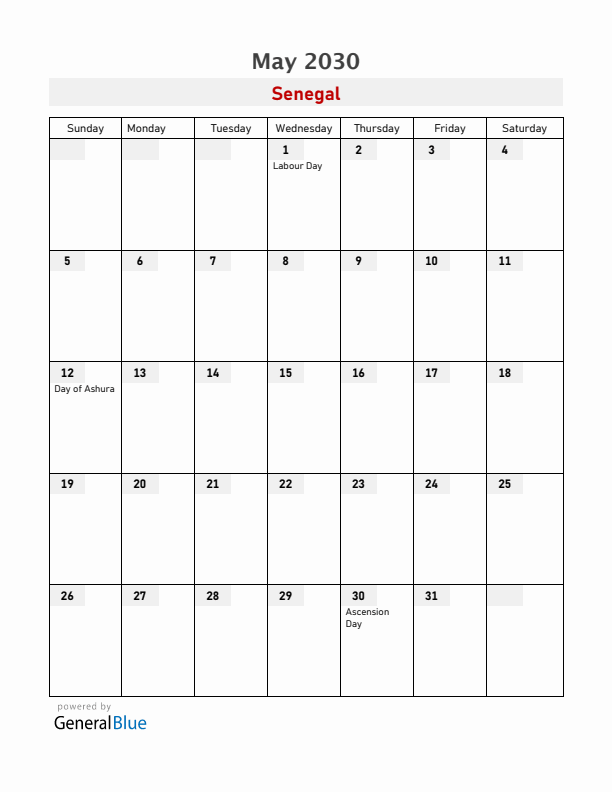 Senegal May 2030 Calendar with Holidays