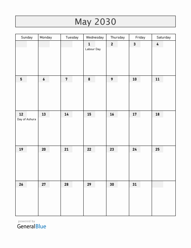 Somalia May 2030 Calendar with Holidays