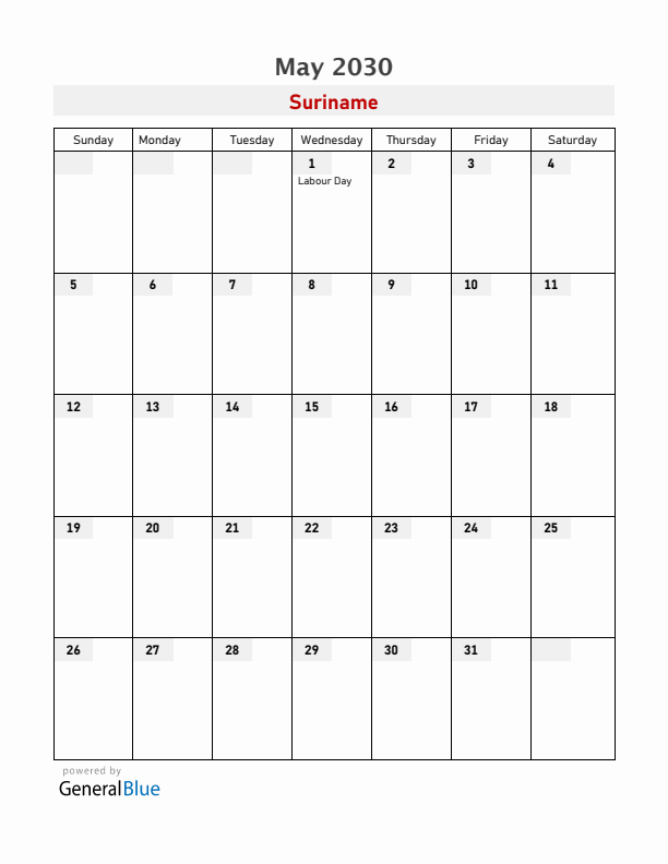 Suriname May 2030 Calendar with Holidays