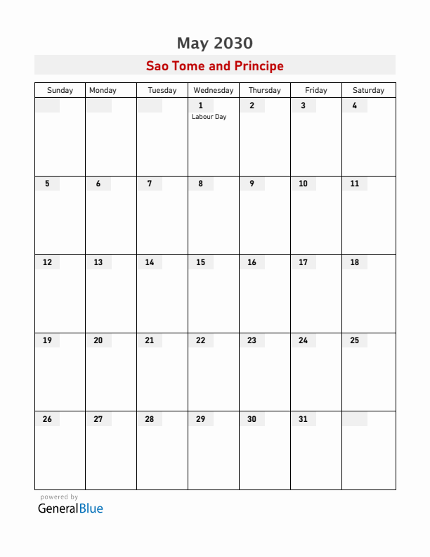 Sao Tome and Principe May 2030 Calendar with Holidays