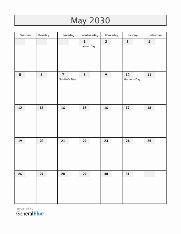 El Salvador May 2030 Calendar with Holidays