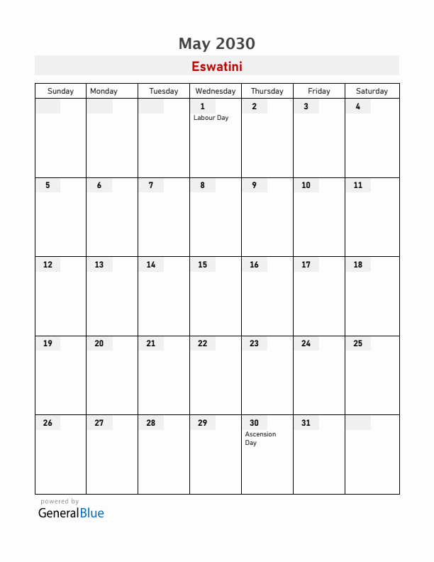 Eswatini May 2030 Calendar with Holidays