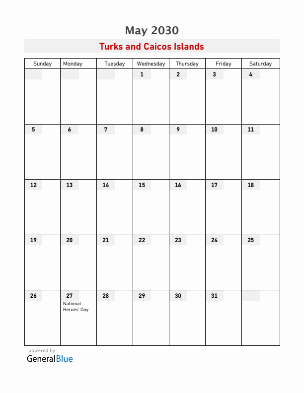 Turks and Caicos Islands May 2030 Calendar with Holidays