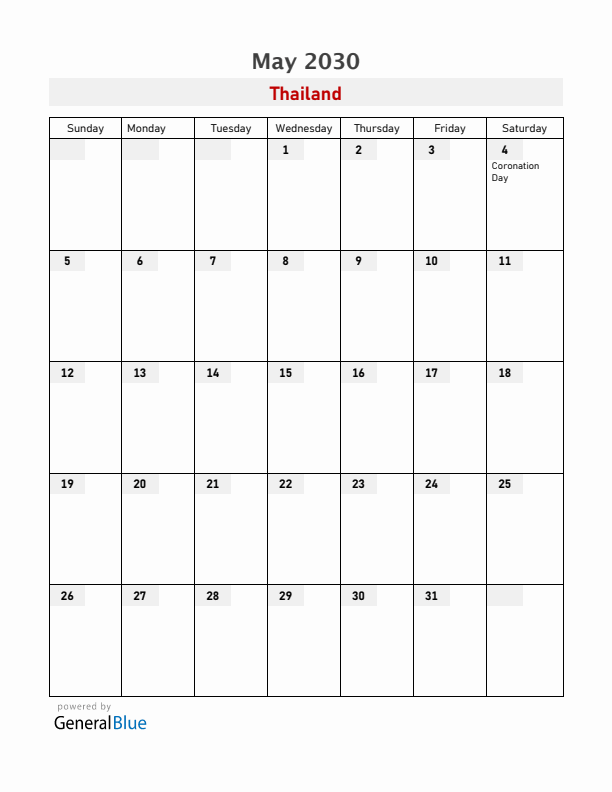 Thailand May 2030 Calendar with Holidays