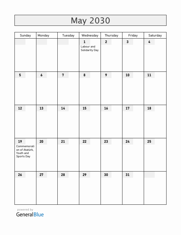 Turkey May 2030 Calendar with Holidays