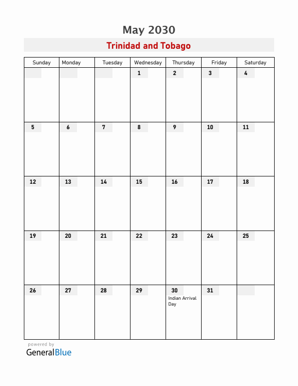 Trinidad and Tobago May 2030 Calendar with Holidays