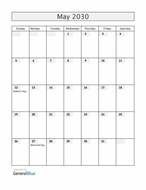 United States May 2030 Calendar with Holidays