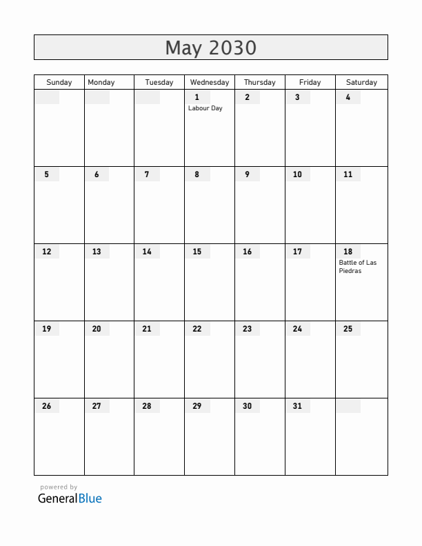 Uruguay May 2030 Calendar with Holidays