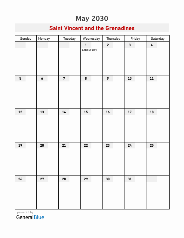 Saint Vincent and the Grenadines May 2030 Calendar with Holidays