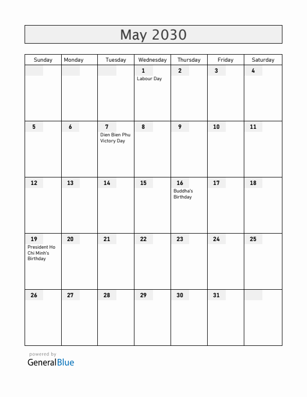 Vietnam May 2030 Calendar with Holidays