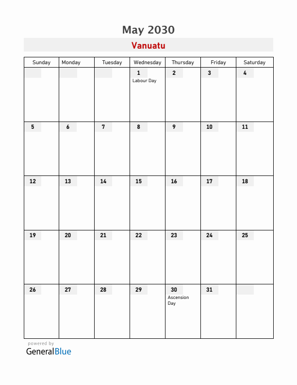 Vanuatu May 2030 Calendar with Holidays