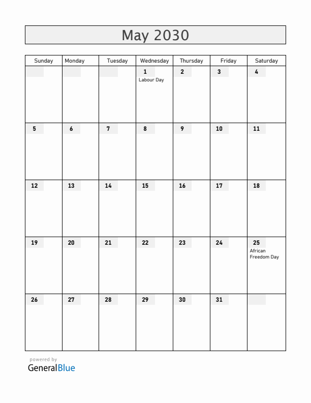 Zambia May 2030 Calendar with Holidays