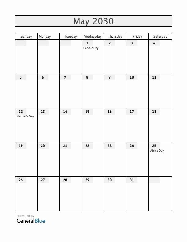 Zimbabwe May 2030 Calendar with Holidays