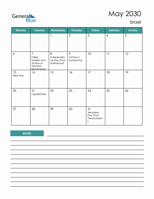 Calendar with Notes Printable - Monday Start