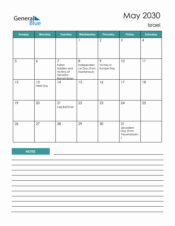 Calendar with Notes Printable - Sunday Start