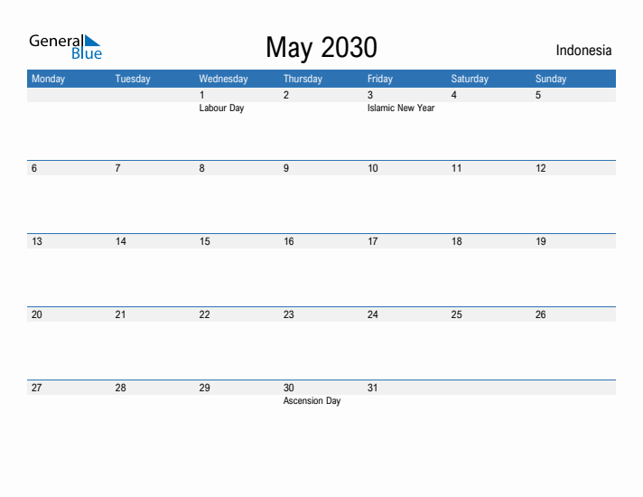 Fillable May 2030 Calendar