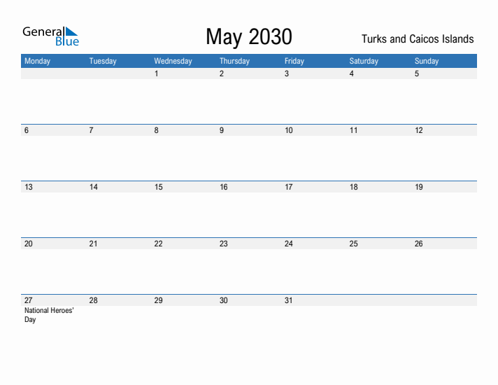 Fillable May 2030 Calendar