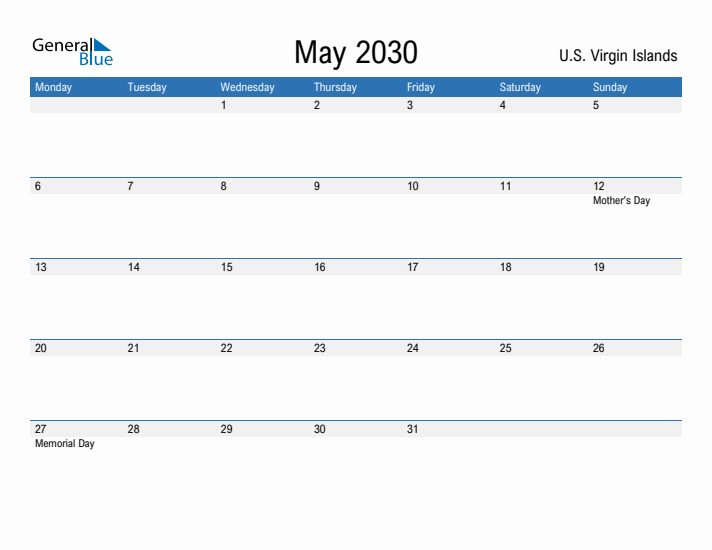 Fillable May 2030 Calendar