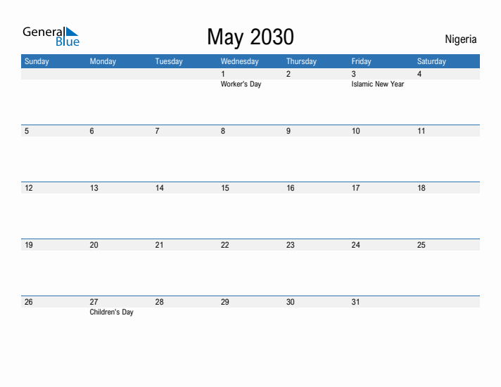 Fillable May 2030 Calendar