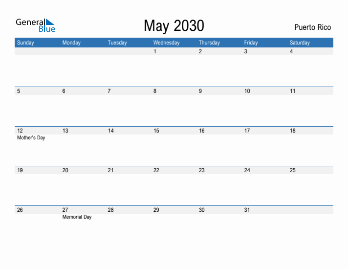 Fillable May 2030 Calendar