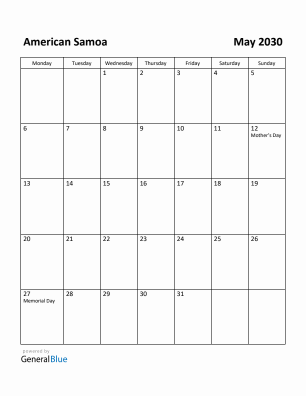 May 2030 Calendar with American Samoa Holidays