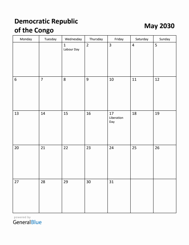 May 2030 Calendar with Democratic Republic of the Congo Holidays