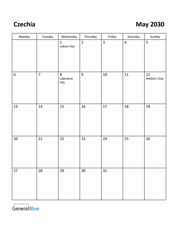 May 2030 Calendar with Czechia Holidays