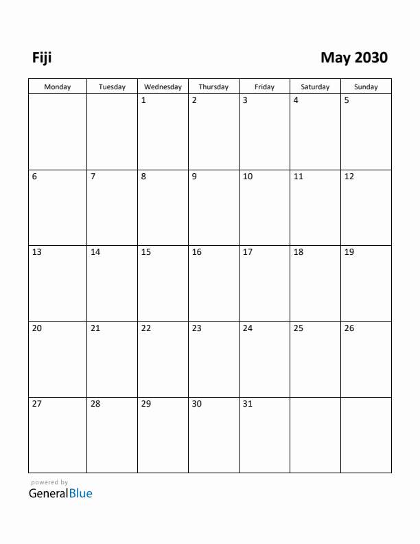 May 2030 Calendar with Fiji Holidays