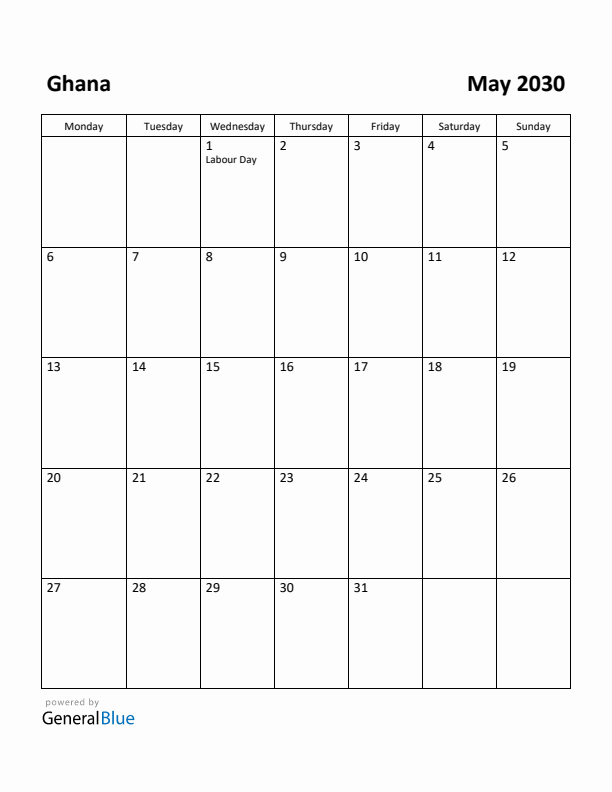 May 2030 Calendar with Ghana Holidays