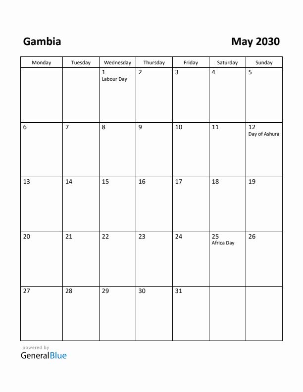 May 2030 Calendar with Gambia Holidays