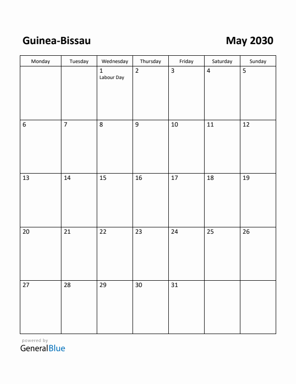 May 2030 Calendar with Guinea-Bissau Holidays