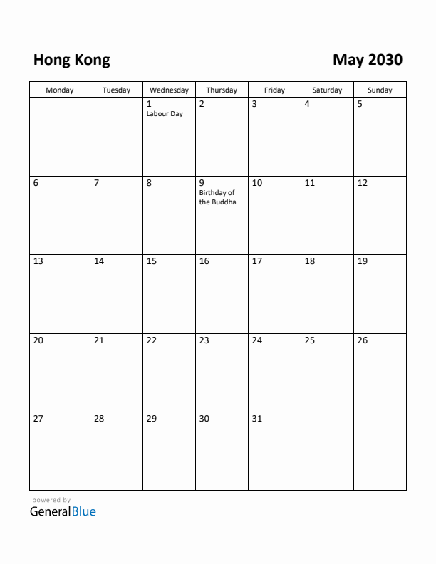 May 2030 Calendar with Hong Kong Holidays