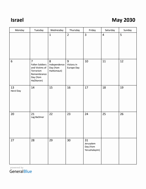 May 2030 Calendar with Israel Holidays