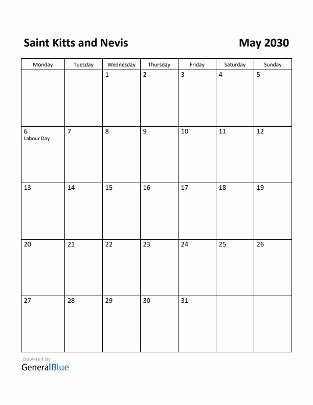 May 2030 Calendar with Saint Kitts and Nevis Holidays