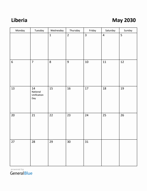 May 2030 Calendar with Liberia Holidays
