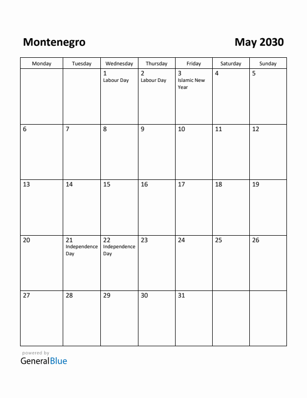 May 2030 Calendar with Montenegro Holidays