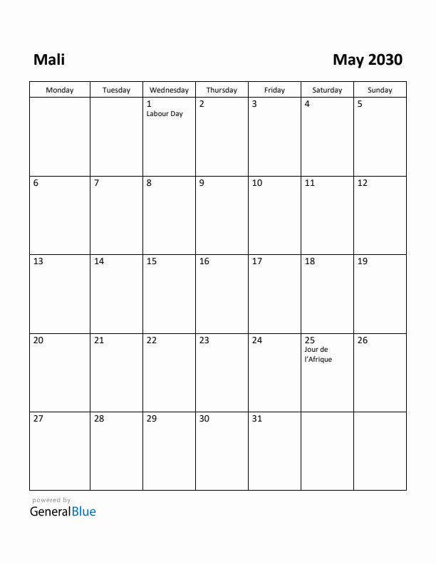 May 2030 Calendar with Mali Holidays