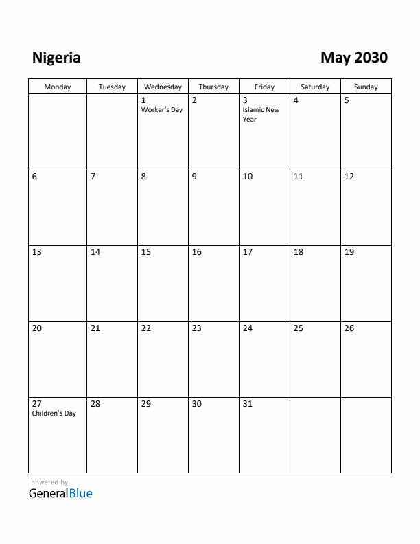May 2030 Calendar with Nigeria Holidays