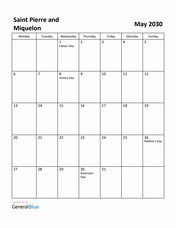 May 2030 Calendar with Saint Pierre and Miquelon Holidays