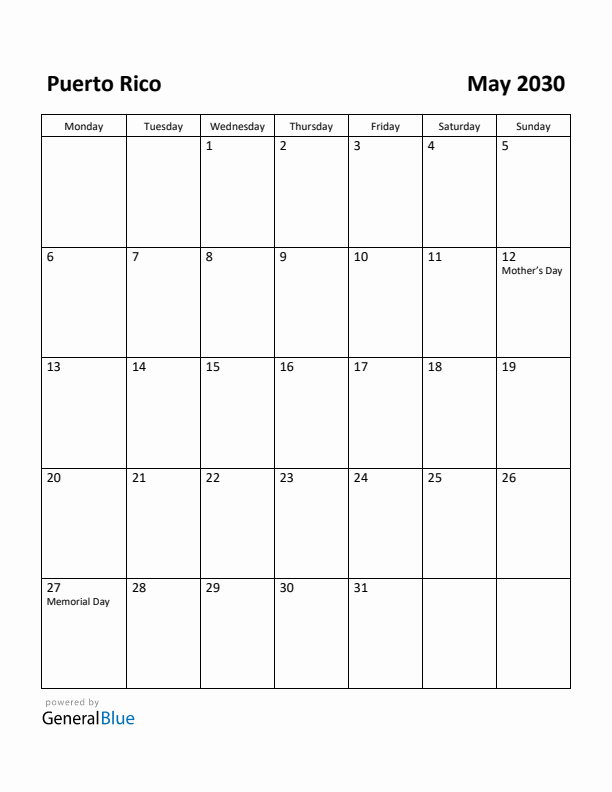 May 2030 Calendar with Puerto Rico Holidays
