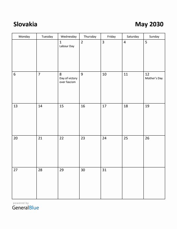 May 2030 Calendar with Slovakia Holidays