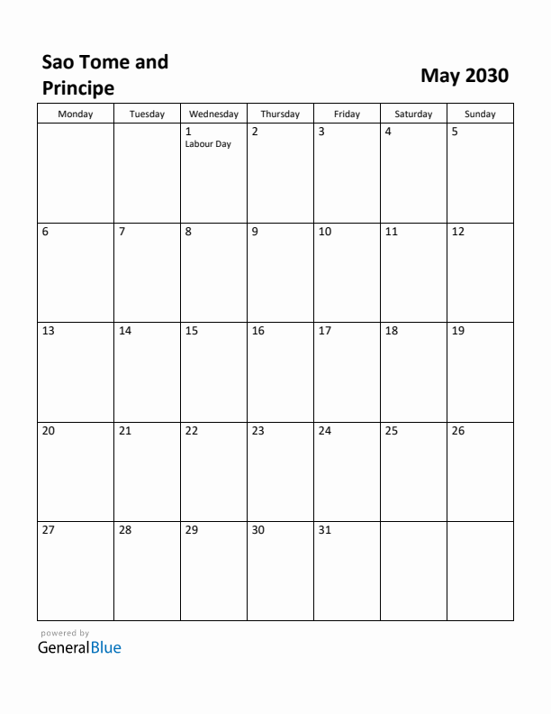 May 2030 Calendar with Sao Tome and Principe Holidays